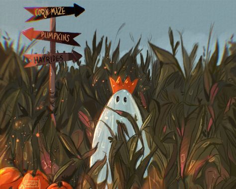 #halloween #spooky #ghost #pumpkin #character #conceptart #ghostgirl #scary #conceptart #aesthetic #illustration #art #artist #artwork #drawing #procreate #halloweencostume #halloweenideas #painting #doodle #autumn #fall #crop #party #tiktok Sheet Ghost Illustration, Ghost Party Drawing, Corn Maze Drawing, Scary Scarecrow Drawing, Ghost Cute Art, Spooky Art Drawing, Pumpkin Patch Drawing, Scared Illustration, Ghosts Illustration