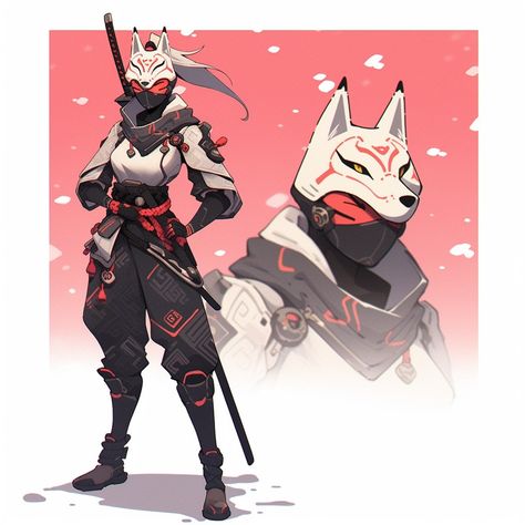 Kitsune Armor, Kitsune Outfit Ideas, Ninja Oc Character Design, Kitsune Oc Art, Kitsune Dnd, Kitsune Mask Art, Wolf Mask Anime, Kitsune Character Design, Kitsune Outfit