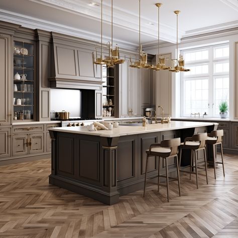 ✨ Opulence Meets Functionality ✨ Step into a kitchen where luxury knows no bounds. 🖤 This expansive island, wrapped in rich, dark cabinetry, isn't just a statement—it's a testament to timeless elegance. Each step on the herringbone wood flooring feels like a dance with sophistication, while gold pendants cascade light, casting a glow reminiscent of golden hour every hour. Luxury Kitchen Design Classic, Classical Kitchen Design Luxury, Modern Classical Kitchen, Dark Wood Kitchen Inspiration, Kitchen Ideas Flooring, Kitchen Set Classic, Kitchen With Dark Floors, Dark Taupe Kitchen Cabinets, Old Money House Interior Kitchen