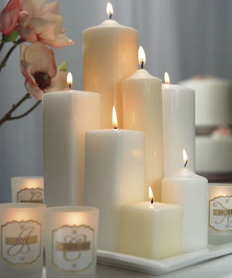 Different Size and Shape Pillar Candles Square Pillar Candles, Velas Candles, White Winter Wedding, Candle Wedding Centerpieces, Smart Tiles, Candle In The Wind, Candle Glow, Beautiful Candles, White Candles