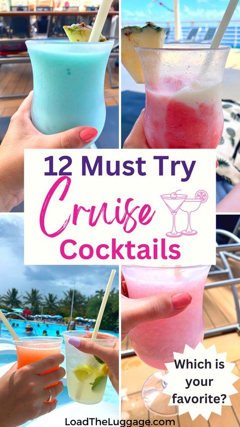 12 Must try cruise cocktails by Load the Luggage. Image is 4 different tropical drinks enjoyed on a cruise ship or on the cruise ship's private island. Cruise Drinks, Cruise Ship Outfits, Aruba Cruise, Mexican Riviera Cruise, Royal Carribean Cruise, Cruise Activities, Royal Caribbean Cruise Lines, Carribean Cruise, Best Cruise Ships