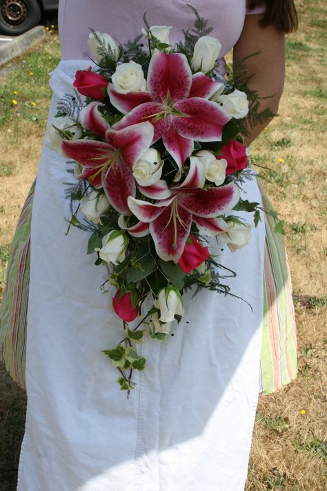 Cascading Pink and White Lily Bouquet. Wedding Bouquets Lilies And Roses, Pink Bouquet Flowers Wedding, Wedding Bouquets Lilies, Stargazer Lily Wedding Bouquet, Wedding Lilies, Lily And Rose Bouquet, Lillies Bouquet, Wedding Bouquet Colorful, Stargazer Lily Wedding