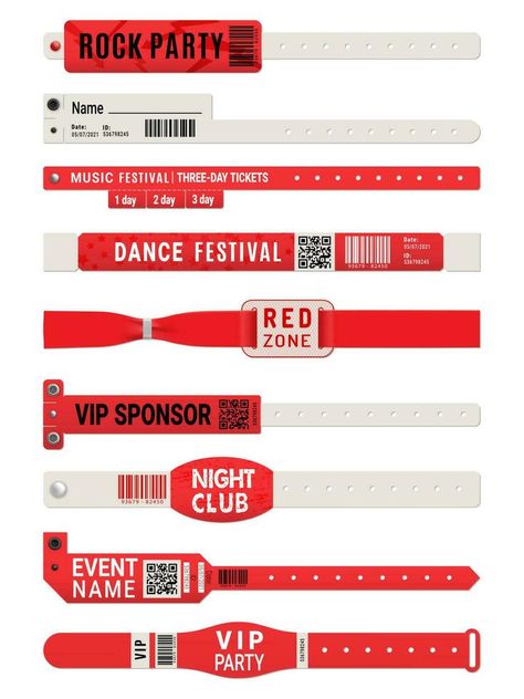 Event access bracelet or wristband mockups Wristband Design, Party Names, Ticket Design, Id Design, Red Zone, Wristband Bracelet, Book Layout, Game Ui, Experiential