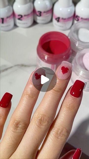 thenagaia on Instagram: "Follow my tutorial to create a Rube Red heart shape vibe dipping nails on a Fairy Dust base 💅#dipnails #nailsdip #nailsinspo #nailsnailsnails #dippowder #dippowdernails #thenagaia #nagaianails #rednails" Nails Red With Heart, Dip Powder Nails Heart Design, Red Powder Dipped Nails, Heart In Nails Tutorial, Red And Pink Dip Powder Nails, Red Nail Dip Powder, Heart Nail Art, Dip Powder Nails, Heart Nails