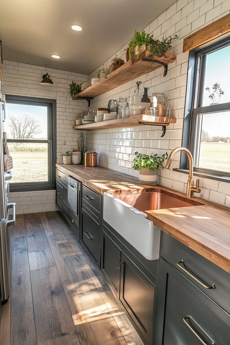 31 Farmhouse Galley Kitchen Ideas (That Make Small Spaces Feel Huge) Breezeway Kitchen Ideas, Small Galley Kitchen Ideas Narrow Open Shelving, Hidden Kitchen Design, Small Farmhouse Kitchen Decor Ideas, Non Fitted Kitchen Ideas, Renovating Small Kitchens, Moody Galley Kitchen, Small Galley Kitchen Ideas Layout, Slim Kitchen Ideas