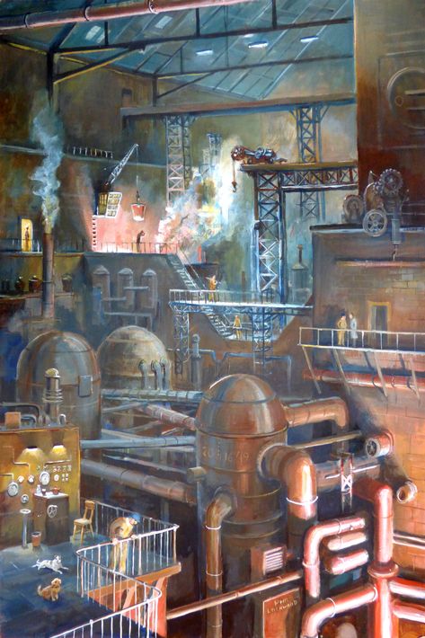 "Industry 29th August" by Phil Lockwood  An older painting extensively reworked. Acrylic on Board Phil Lockwood, Old Paintings, Freelance Artist, College Art, Sheffield, On Board, Art School, Pen And Ink, Cityscape