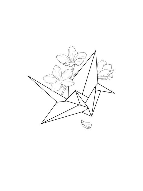 Geometric Flower Drawing, Fine Line Art Tattoo, Line Work Tattoo Design, Tattoo Line Work, Paper Crane Tattoo, Origami Tattoo, Crane Tattoo, Flower Line Drawings, Geniale Tattoos