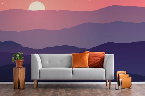 Mountain Valley Removable Vinyl Mural / Peel and Stick - Etsy Australia Cloud Mural, Sunset Mural, Video Set, Mountain Mural, Personalized Wallpaper, Room Wall Painting, Skyline Design, Bedroom Murals, Landscape Sunset