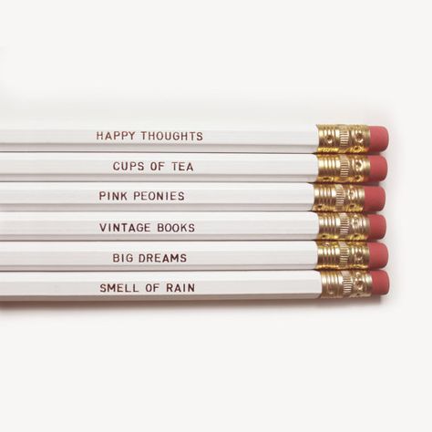 Inspiration Pencil, Engraved Pencils, Pencils with sayings, WHITE NECESSITIES Pencils. Set of 6. Gold Foil Text Kate Marsh, Gold Foil Text, Smell Of Rain, Custom Pencils, Lily Evans, Luna Lovegood, Stationery Craft, Girl Meets World, Life Is Strange