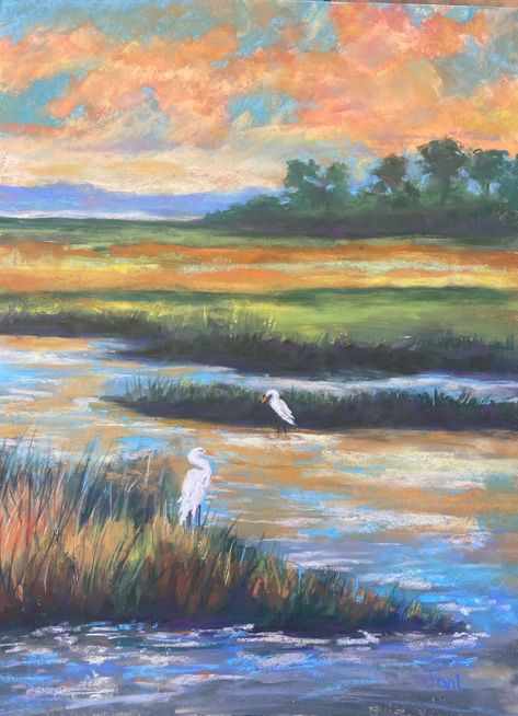 Heron Painting, Marsh Painting, Beach Pastel, Original Pastel, Pastel Paper, Late Afternoon, Hand Sketch, Blue Heron, Low Country