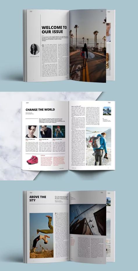 Multipurpose Magazine Template InDesign. 32 unique pages. Magazine Layout Inspiration, Indesign Magazine, Indesign Magazine Templates, Magazine Spreads, Booklet Design, Magazine Layout Design, Brochure Layout, Web Design Tips, Publication Design