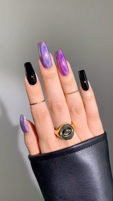 Dark Purple And Silver Nails Acrylic, Mooncat Nail Polish Ideas, Skittle Nails Color Combos, Hexcore Nails, Mooncat Nails, Mooncat Nail Polish, Hot Purple Nails, Skittle Manicure, Mooncat Nail