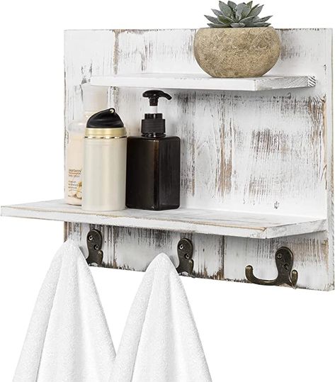 Amazon.com: MyGift Shabby Whitewashed Wood Wall Mounted Storage Organizer Shelf with 6 Hooks : Tools & Home Improvement Entryway Floating Shelf, Entryway Floating Shelves, Wood Bathroom Storage, Wall Mounted Shelving Unit, Bathroom Wood Shelves, Bathroom Towel Hooks, Whitewashed Wood, Wall Mounted Storage, Wall Mounted Towel Rack