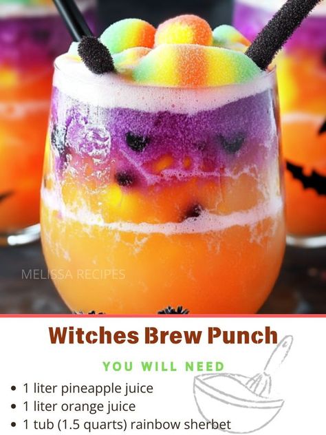 Sherbert Punch Halloween, Witches Brew Punch, Kids Halloween Party Food, Orange Juice Recipes, Spooky Candy, Rainbow Sherbet, 7 Up, Lemon Lime Soda, Gummy Worms