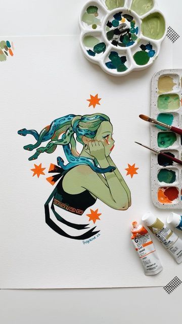 Holbein Gouache, Sibylline Meynet, Ceramic Palette, Acryla Gouache, Sticker Ideas, Artistic Inspiration, Gouache Painting, Greek Mythology, Drawing Inspiration