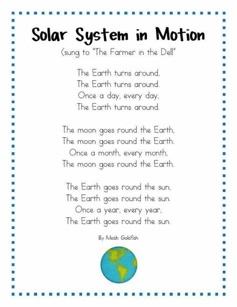 40. The concepts about earth can be confusing for students so this song could help them remember a month, a year, and how the earth rotates around the sun and moon. Space Lesson Plans, Solar System Unit, Space Lessons, Space Preschool, Space Solar System, Classroom Songs, Space Unit, First Grade Science, Space Activities