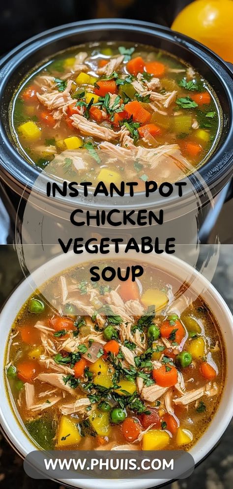 Warm, comforting, and ready in no time! This quick and healthy soup is perfect for chilly nights or when you need a cozy pick-me-up.
Ingredients:

4 boneless, skinless chicken breasts or thighs
1 tablespoon olive oil
2 medium carrots, peeled and chopped
...
Prep Time: 15 minutes
Cook Time: 25 minutes (including pressure build-up and release)
Total Time: 40 minutes

Nutritional Information (per serving):

Calories: ~300
Protein: 30g
Sodium: 600mg Easy Chicken And Vegetable Soup, Instant Pot Recipes With Vegetables, Low Calorie Chicken Soup Recipes, Chicken Soup Instant Pot Recipes, Instant Pot Chicken Soup Recipes, Instant Pot Chicken Vegetable Soup, Instant Pot Chicken Broth, High Protein Soup Recipes, Vegetable Chicken Soup