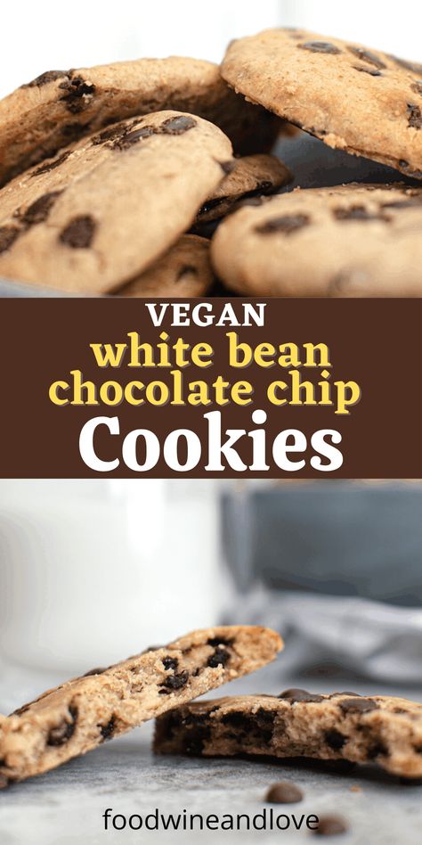 White Bean Chocolate Chip Cookies, tasty and easy vegan recipe for flourless chocolate chip cookies made without adding sugar. White Bean Cookies, Chocolate Chip Cookies Tasty, Black Bean Cookies, Flourless Chocolate Chip Cookies, Bean Cakes, Vegan Cookies Recipes, Vegan Chocolate Chip Cookies, White Chocolate Chip Cookies, Sugar Free Chocolate Chips