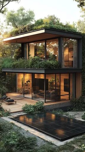 ↑↑↑ Larger size on website 🔸 A modern, minimalist house with large windows and a green roof sits nestled amongst lush greenery. House Design Big Windows, Modern Nature House, Modern Green House, House With Big Windows, House With Large Windows, Open Living Space, Modern Minimalist House, Wooden Deck, Minimalist House