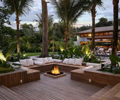 Backyard seating with wooden decking and firepit.#Backyard #seating #woodendecking #firepit Wooden Decking, Backyard Seating Area, Wooden Deck, Backyard Seating, Backyard Pools, Decks Backyard, Outdoor Gardens Design, Backyard Fire, Small Backyard Patio