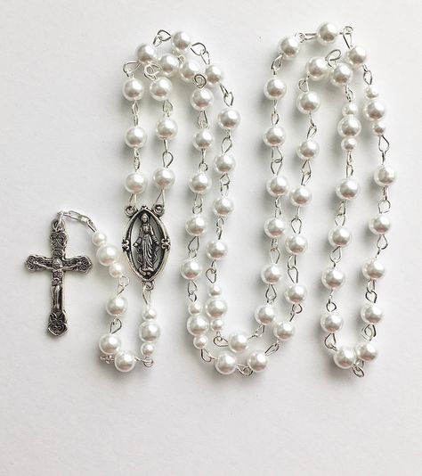 White Rosary, Blue Coquette, Handmade Rosary, Jewelry Pearls, Pearl Rosary, Rosary Beads Catholic, Mother In Law Gifts, Camera Straps, Rosary Necklace