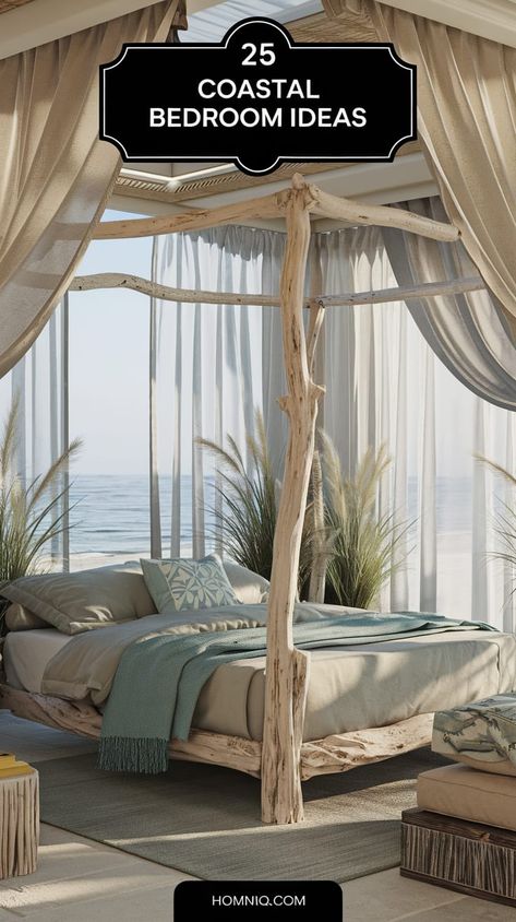 25 Coastal Bedroom Ideas with an Ocean Boho Twist   Infuse your space with Ocean Boho Bedroom elements for a creative, ocean-inspired haven. Explore the beauty of boho coastal living. #OceanInspiration #BohoCoastal Driftwood Bed, Seagrass Furniture, Bedroom Elements, Coastal Light Fixtures, Coastal Bedroom Ideas, Fresh Bedroom, Fresh Aesthetic, Coastal Throw Pillows, Beach Canopy