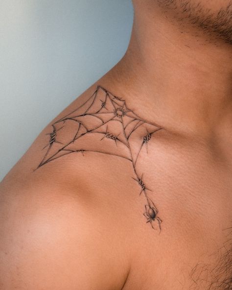 Freehand barbed wire web.🕸️ For tattoo appointments, visit WWW.KANENAVASARD.COM #tattooartist #singleneedle #singleneedletattoo #fineline #losangeles #whittier #forthesinners #kanenavasard Barbed Wire Tattoo Under Knee, Barb Wire Tattoo Men, Barbed Wire Collarbone Tattoo, Barbed Wire Collar Bone Tattoo, Barbed Wire Tattoo For Women, Collar Bone Barbed Wire Tattoo, Fine Line Barbed Wire Tattoo, Barb Wire Tattoo, Barbed Wire On Collar Bone