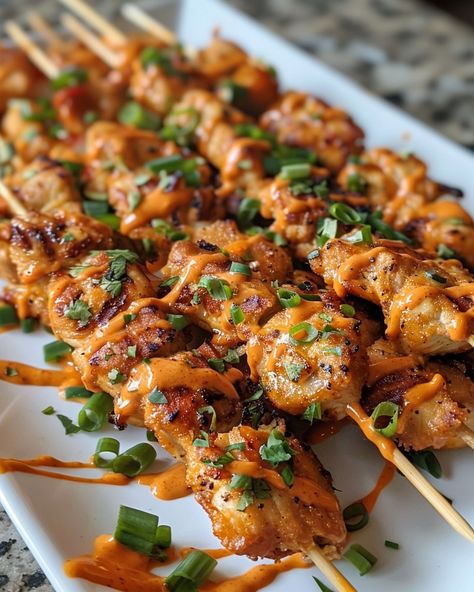 The perfect balance of spicy & sweet! Crispy & Spicy Air Fryer Bang Bang Chicken Delight Visit website for full recipe at https://northeastnosh.com/f/air-fryer-bang-bang-chicken-skewers #northeastnosh #airfryerrecipes #chickenskewers #bangbangchicken #spicychicken #easyrecipes #chickenrecipes #instafood #sriracha #honeysauce #homecooking #recipes Bang Bang Chicken Skewers, Chicken Delight, Arab Food, Bang Bang Chicken, American Foods, Creamy Mushroom Sauce, Recipes Appetizers And Snacks, Chicken Skewers, Healthy Comfort Food