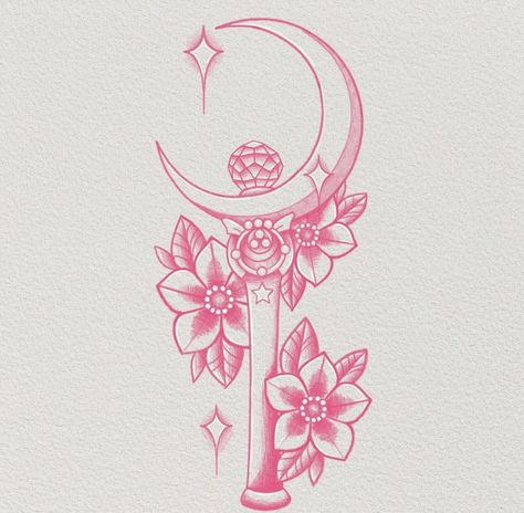 Sailor Moon Flowers, Sailor Moon Inspired Tattoo, Sailor Moon Scepter Tattoo, Luna And Artemis Tattoo, Moon Wand Tattoo, Sailor Moon Wand Tattoo, Sailor Moon Tattoo Design, Sailor Moon Tattoo Minimalist, Scepter Tattoo