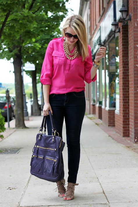 Gorgeous Color Combinations for Cold Days | Glam Radar Hot Pink Shirt Outfit, Pink Blouses Outfit, Pink Top Outfit, Pink Shirt Outfit, Neon Prom Dresses, Hot Pink Shirt, Hot Pink Blouses, Hot Pink Tops, Neon Outfits