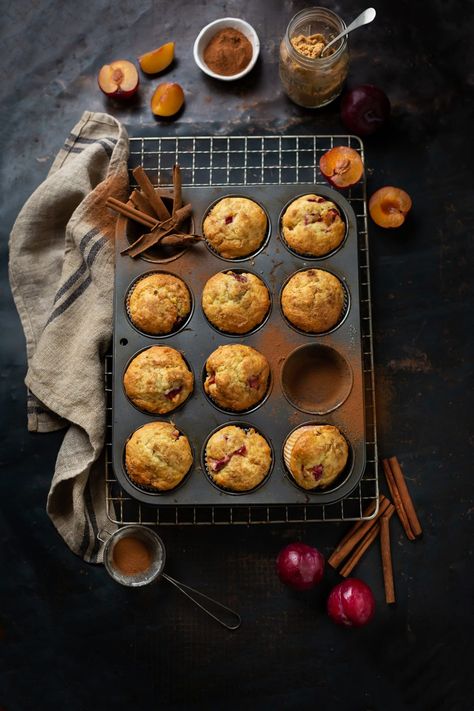 Easy plum muffin recipe with a hint of lemon & cinnamon | Drizzle and Dip Plum Oat Muffins, Apple And Plum Recipes, Plum Muffins Recipe, Cinnamon Drizzle, Plum Muffins, Apricot Muffins, Plum Torte, Cinnamon Recipe, Pecan Muffins