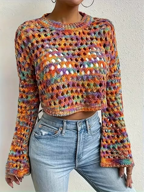 Bell Sleeve Crop Top, Crop Pullover, Mode Zara, Mode Crochet, Crochet Cover Up, Cropped Pullover, Plus Size Kleidung, Outfit Casual, Crochet Sweater