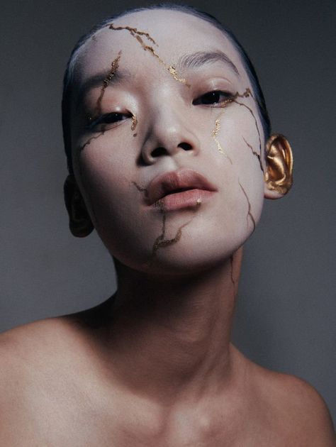 Human Body Poetry by Wang Ziqian for Vogue China March — Anne of Carversville Body Poetry, Gold Face Paint, Kintsugi Art, Beauty Killer, Avant Garde Hair, Avant Garde Makeup, Mushroom Fairy, Vogue China, Gold Makeup