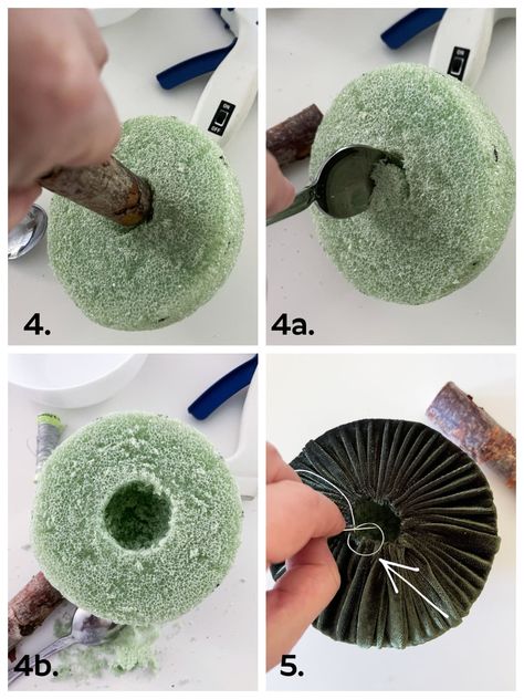 How To Dry Mushrooms For Decor, Mushroom Halloween Decorations, Diy Mushroom Pillow Pattern, Diy Moss Mushroom, Fall Mushroom Crafts, How To Make Toadstools, Diy Velvet Mushroom Ornaments, Diy Mushroom Sculpture, How To Make A Fabric Mushroom