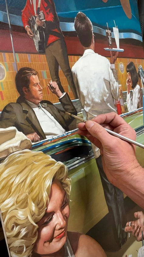 willrochfortart on Instagram: My Pulp Fiction painting! What film should I do next? Pulp Fiction Scene, Pulp Fiction Painting, Pulp Fiction Iconic Scene, Bruce Willis Pulp Fiction, Pulp Fiction Behind The Scenes, Drawing Heads, Pulp Fiction, Pottery Painting, Art Techniques