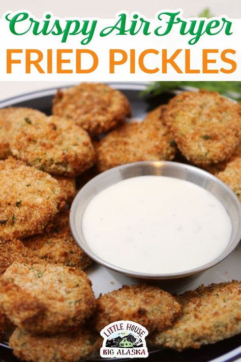 Have you ever tried fried pickles?? I know to some the idea seems weird but if you like pickles and crispy fried food then this Air Fryer Fried Pickles Recipe is a MUST HAVE! Pickles chips are dipped in flour, egg wash, and then seasoned bread crumbs and fried to golden perfection in the air fryer for a crispy tangy snack or appetizer! | @LttlHouseBigAK #bestairfryerfriedpickles #airfryerpicklesrecipe #howtomakefriedpickles Air Fryer Fried Pickles, Fried Pickle Chips, Fried Dill Pickles, Fried Pickles Recipe, Dill Recipes, Dill Pickle Chips, Pickles Recipe, The Grease, Seasoned Bread Crumbs