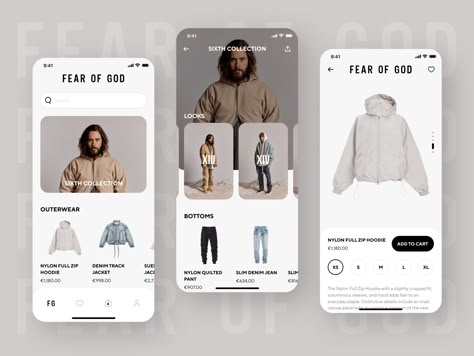 Wrapped the aesthetic of the brand and its minimalist culture into a useable app experience. Kept the collection-heavy navigation, added the ability to purchase the entire looks or separate items.... Clothing Mobile App Design, Clothing App Design, E Commerce App Design, Ux Moodboard, Fashion App Design, Desain Ux, Fashion Apps, E Commerce App, Mobile App Ui Design