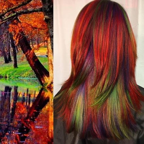 Nature Inspired Hair Color, Autumn Vivid Hair, Autumn Leaves Hair Color, Fall Leaf Hair Color, Nature Inspired Hair, Autumn Rainbow Hair, Autumn Season Hair Color, Fall Leaves Hair Color, Fall Fantasy Hair Color