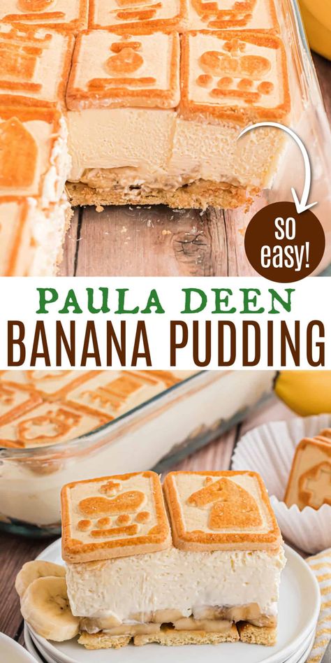 This creamy, rich Banana Pudding Recipe is a delicious, no-bake dessert! Perfect for weeknights or potlucks, everyone will LOVE this classic recipe! A delicious Paula Deen recipe featuring banana pudding and chessmen cookies! Paula Deen Banana Pudding, Creamy Banana Pudding Recipe, Paula Deen Banana Pudding Recipe, Banana Pudding Paula Deen, Creamy Banana Pudding, Banana Pudding Ingredients, Chessmen Cookies, Banana Pudding Desserts, No Bake Banana Pudding