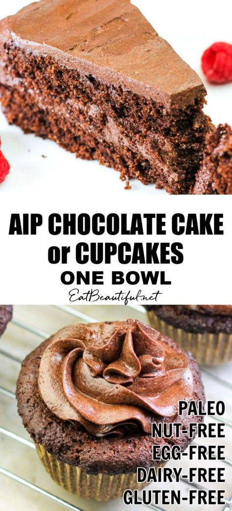 Made with carob, this AIP "Chocolate" Cake or Cupcakes makes an easy and special dessert for any occasion! You'll love the easy-to-grab AIP baking ingredients in this recipe, nothing fancy or complicated. It's a one-bowl recipe to keep life and special treats uncomplicated. | Eat Beautiful Recipes | aip | aip chocolate cake | recipe | paleo chocolate cake | egg free chocolate cake | paleo egg free | paleo nut free | carob | autoimmune protocol || #aip #chocolate #cake #carob #paleo #eggfree #nut Aip Chocolate, Egg Free Paleo, Aip Cake, Egg Free Chocolate Cake, Carob Recipes, Autoimmune Diet Recipes, Aip Baking, Aip Diet Recipes, Paleo Chocolate Cake