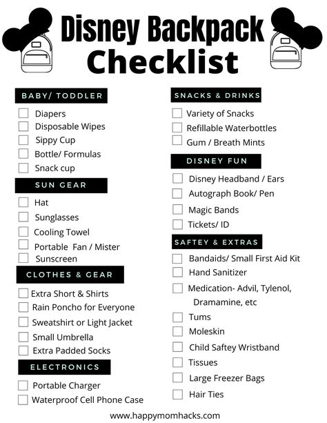 List Of Things To Bring To Disney, Disneyworld Checklist Packing Lists, Amusement Park Bag Checklist, Disney World Backpack List, Disney Day Pack List, Theme Park Checklist, Disney Trip Must Haves Packing Lists, Disney Park Bag Packing Lists, Disney World Checklist Packing Lists