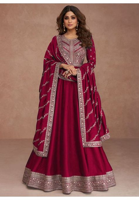 Shamita Shetty Wine Red Anarkali Gown with Dupatta Fancy Shalwar Kameez, Traditional Wear For Women, Silk Anarkali Gown, Pakistani Gown, Plush Clothes, Ramzan Eid, Shamita Shetty, Anarkali Salwar Suits, Indian Wedding Sarees