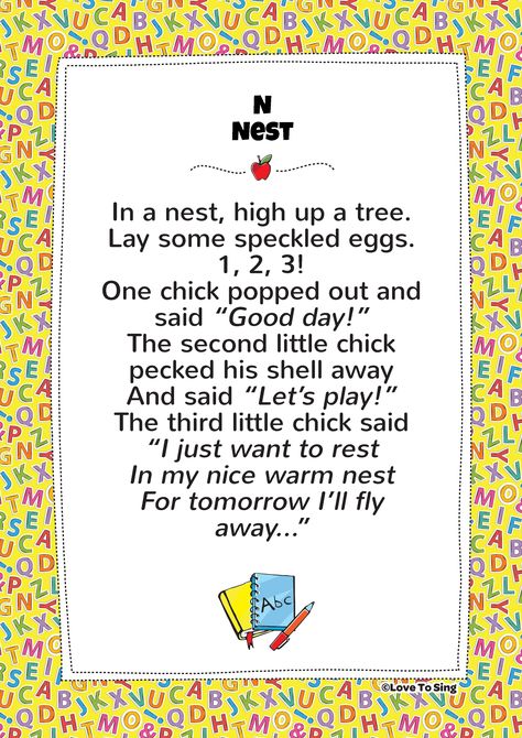 N Nest (nest Song) download FREE fun curriculum learning activities and FREE song lyrics from our website. Watch FREE videos! #education #alphabetsongs #kidssongs #music #lyrics #learning http://www.childrenlovetosing.com/kids-action-song/n-nest-in-a-nest-nest-song/ Video Song Lyrics, Storytime Songs, Learn Phonics, Free Song Lyrics, Farm Animals Preschool, Farm Lessons, Farm Theme Preschool, Popular Christmas Songs, Free Lyrics