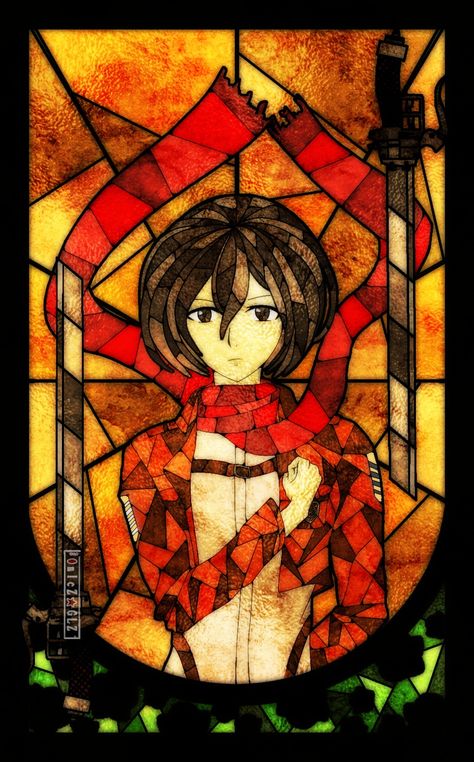 Anime Stained Glass Patterns, Slayer Tattoo, Inuyasha Fan Art, Stained Glass Paint, Mikasa Ackerman, Manga Characters, Stained Glass Art, Glass Painting, Mosaic Art