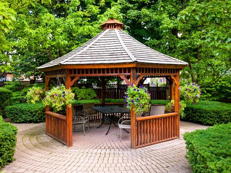 See options for patio gazebos, browse pictures from HGTV.com, and get the information and ideas you need to beautify your outdoor living space. Gazebo Inspiration, Wooden Gazebos, Gazebo Decorations, Diy Gazebo, Gazebo Ideas, Gazebo Plans, Relaxing Backyard, Outdoor Gazebo, Wooden Gazebo