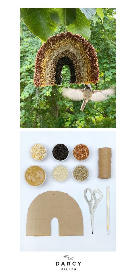 Make this easy rainbow bird feeder craft attracts songbirds to your backyard | Darcy Miller Designs Darcy Miller Designs #campdarcy #birding #birdwatching #withkids #forkids #outdoors #patio #crafting #cardboard #fun #inpsiration #idea #birdseed #craft #stayhome #vacation #backyard #idea #nature #howto #DIY #campidea Crow Bird Feeder Diy, Cardboard Bird Feeder, Outdoor Arts And Crafts, Whimsical Bird Feeders, Kids Bird Feeder Crafts, Diy Birdfeeders Homemade, Diy Bird Feeder Kids, Bird Seed Crafts, Diy Birdfeeders