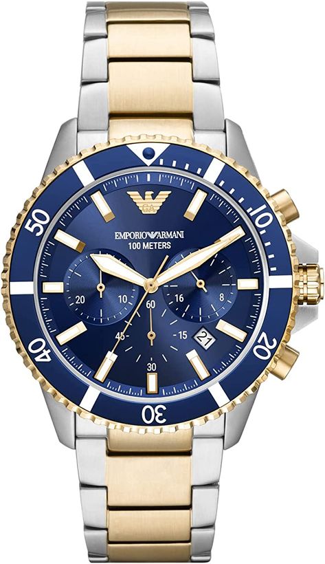 Emporio Armani Men's Dress Watch with Stainless Steel, Silicone, or Leather Band Armani Watches For Men, Armani Watches, Mens Chronograph, Gents Watches, Blue Watches, Watch For Men, Two Tone Watch, Armani Men, Steel Watch