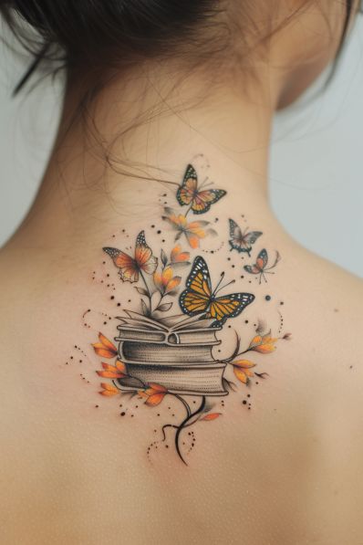 20+ Beautiful Book Lover Tattoo Ideas Moon And Book Tattoo, Books Tatoos Ideas, Butterfly And Book Tattoo, Book Inspired Tattoos Small, Tattoo Ideas For Readers, Book Reader Tattoo Ideas, Book And Flower Tattoo, Book Flower Tattoo, Fantasy Book Tattoo Ideas