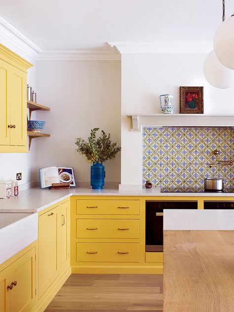 Yellow Kitchen Cabinets, Yellow Cabinets, Kitchen Paint Colors, Yellow Kitchen, Kitchen Cabinet Colors, Butcher Block Countertops, Boutique Interior, Country Furniture, Kitchen Paint