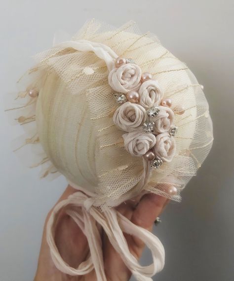 Newborn bonnet with rosettes, pearl and rhinestone embellishment. Please allow up to 2 weeks for this item to ship as it is made to order Diy Bonnet, Sea Beast, Baby Christening Gowns, Hat For Baby, Newborn Bonnet, Easy Crochet Animals, Yarn Hats, Bows Diy Ribbon, Baby Blessing